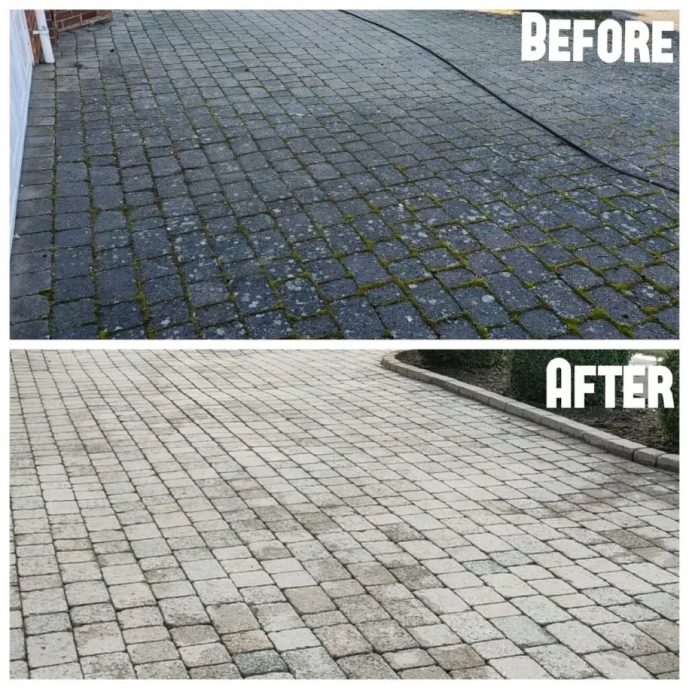 Grey cobble driveway before and after pressure washing