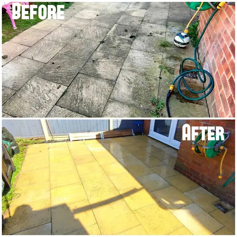 Garden patio slabs before and after cleaning
